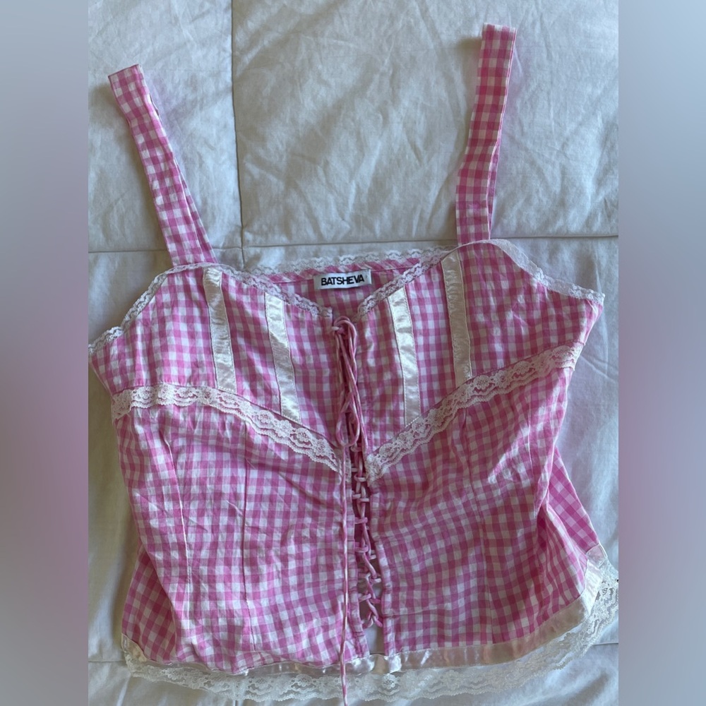 Batsheva "Meadow" Pink / White Gingham Tank Top, EUC Size 12 M / L